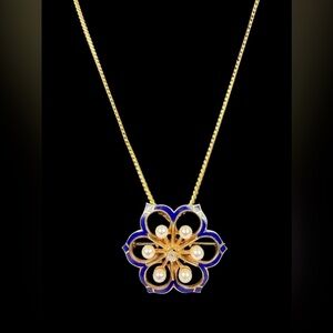 1920's 14k Gold,Natural Pearl, Diamond -Old Mine Cut- & Blue Enamel Pendant/ Pin